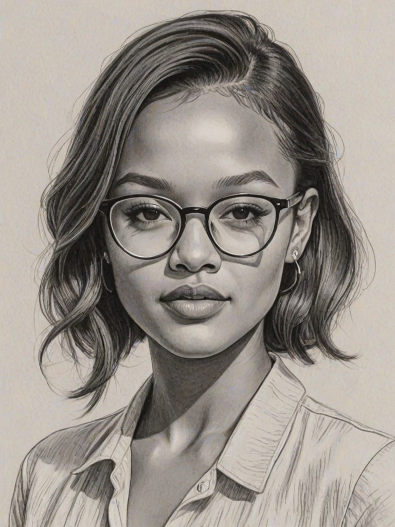 Splendid Karrueche Tran, pencil sketch, portrait of Splendid woman 1944s in glasses, hair style beatnik, outline, clear lines, fine lines, 8k