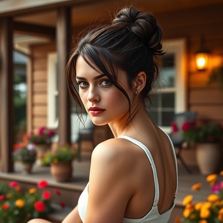 A photo of Kristen Stewart with a background of a cozy porch. She has dark hair pulled back in an updo, with tendrils framing her face. She wears a white tank top and sits on the porch. The porch is part of a well-lit home with a warm, earthy tone and colorful flowers and foliage. The overall scene has a warm, welcoming, and comfortable ambiance.