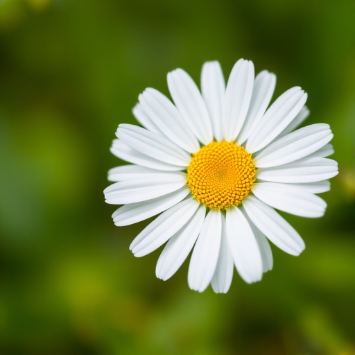 a close-up photograph of a single white daisy flower with yellow center on a blurred green background