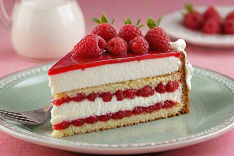 Generate an image of a slice of cake with layers of light sponge, filled with raspberry filling and topped with whipped cream. The cake should have fresh raspberries visible between the layers and a decorative edge of whipped cream on top. The background should be a simple, soft color to highlight the cake.