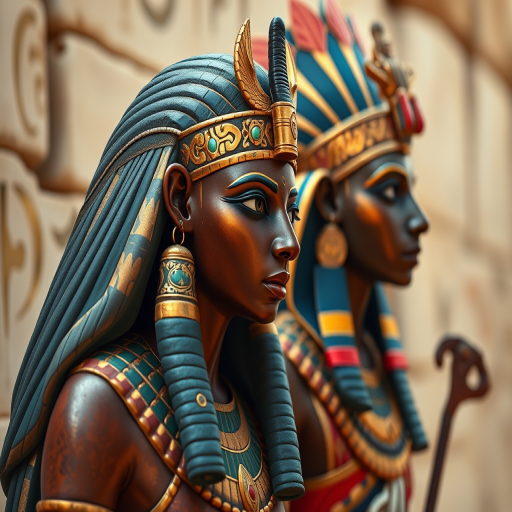 Illustrate two ancient Egyptian deities in a traditional style, focusing on vibrant colors and intricate details, captured with a Canon EOS R5 at f/8, ISO 100, 50mm lens, shot in soft natural light from the side for depth.