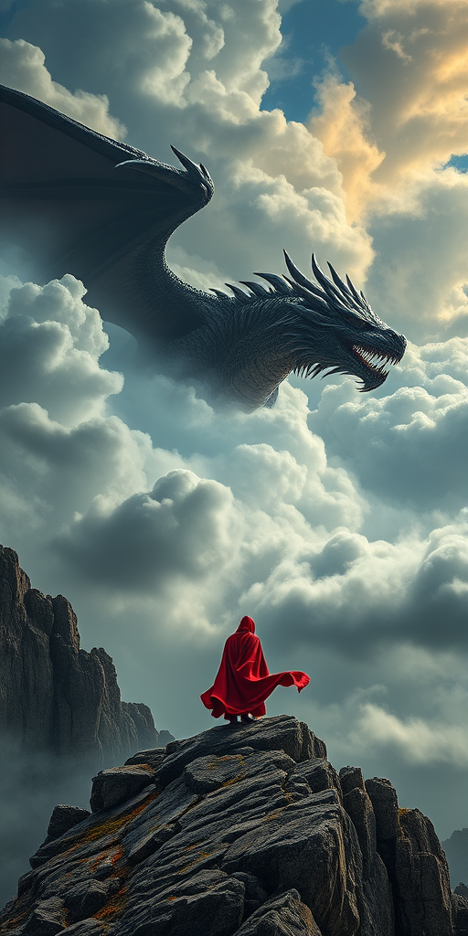 Create a high-quality fantasy landscape featuring a colossal dragon emerging from swirling clouds, with a figure in a flowing red cloak standing on a rocky outcrop, captured with a Nikon D850, 35mm lens, f/2.8 aperture, ISO 100, in HDR mode for enhanced detail and color vibrancy.