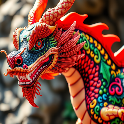 Create a vibrant, detailed image of a mythical dragon adorned with colorful patterns, captured in high resolution with a 50mm lens, f/1.8 aperture, ISO 100, in natural light, using a DSLR camera for a sharp and crisp appearance.