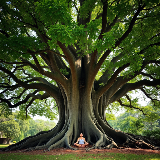 A serene scene showcasing a large, vibrant tree with lush green leaves and intricate roots, featuring a calming figure meditating at its base, captured with a DSLR camera at f/1.8 aperture, 50mm lens, ISO 100, shot from a low angle to emphasize the tree's grandeur and enhance colors.