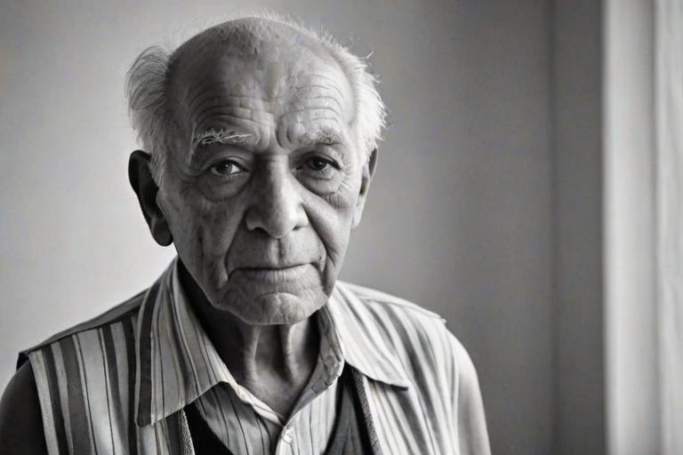 Create a black and white portrait of an elderly man with a thin frame, wearing a simple, sleeveless shirt and a striped cloth draped over his shoulder, with natural light highlighting his facial features and a soft, blurred background.