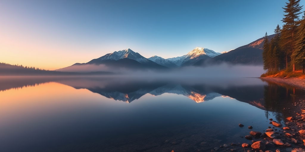 Sharp, high-resolution photo of a tranquil mountain lake at dawn, the water perfectly reflecting the snow-capped peaks, soft mist rising from the surface, pine trees lining the shore, and a serene, peaceful atmosphere.