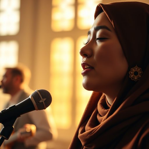 A close-up portrait of a asian woman with her eyes closed, singing into a microphone, positioned on the right side of the frame, facing the viewer. She is wearing a brown headscarf, gold earrings, and a brown blouse, and is bathed in warm, golden light emanating from the windows behind her. A blurred figure of a man singing into a microphone is visible in the background. The scene has a sense of calm and spirituality.