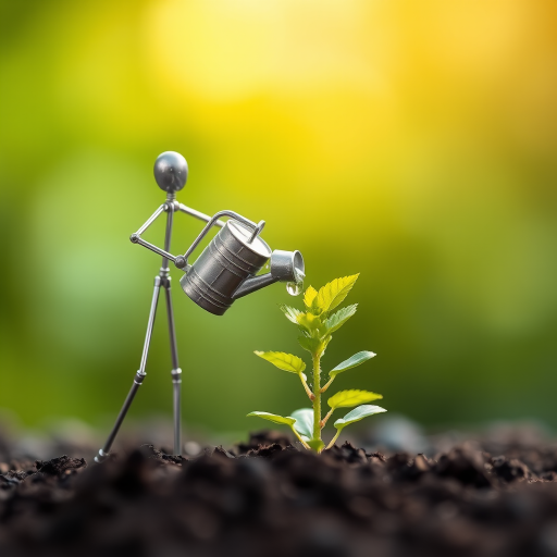 A metal figurine of a person, constructed from thin, silver rods, stands on the left side of the image, facing the viewer. The figurine is holding a small watering can and pouring water onto a young plant, with a few droplets in the air. The plant, with lush green leaves, is situated in the center, growing from dark soil. The background is a soft, out-of-focus blur of green, illuminated by warm, natural light.  The composition creates a sense of depth and intimacy. The image evokes feelings of growth, nurture, and hope.