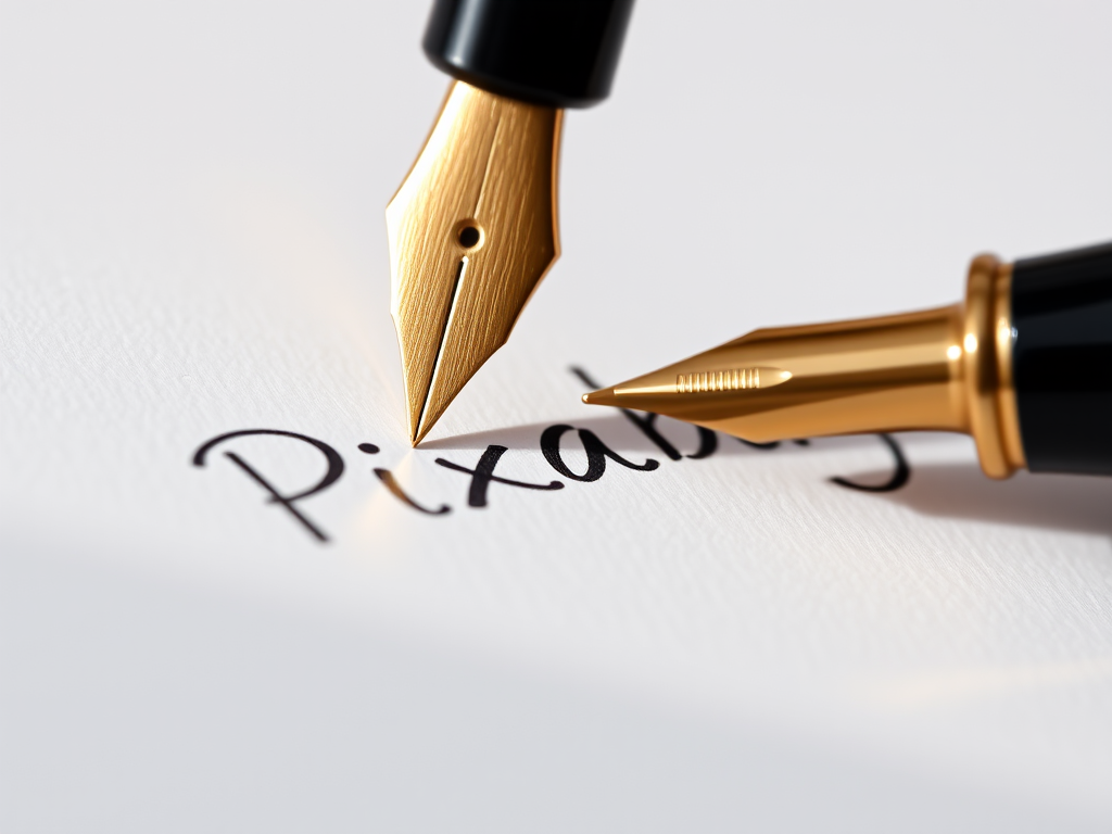 Close-up shot of a fountain pen with a golden nib writing the word "Pixabay" on a smooth white paper background, natural lighting, shallow depth of field, ISO 100, f/2.8, 50mm lens, DSLR camera.