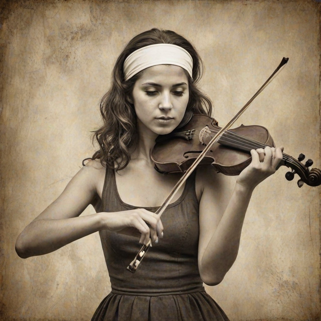 a young Ashkenazi woman with a white headband playing a violin, in the style of a charcoal drawing, sepia grunge background