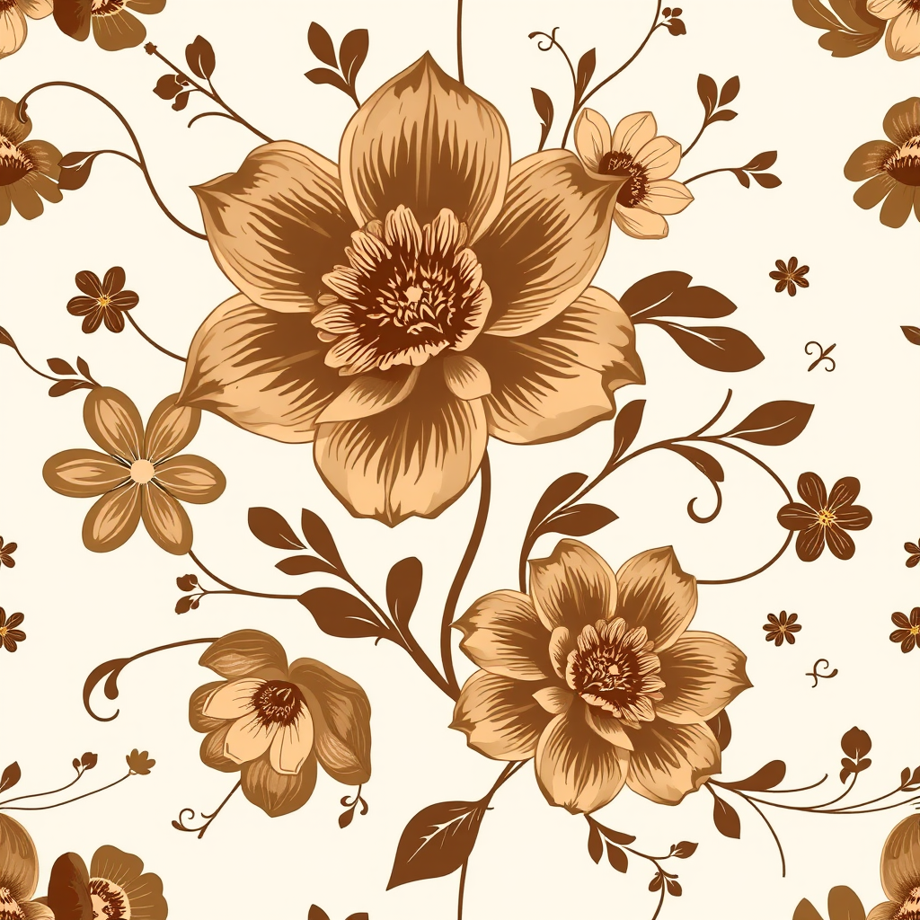 Create a seamless floral pattern featuring large brown and beige flowers with intricate designs, accompanied by smaller flowers and gentle vines on a light beige background.