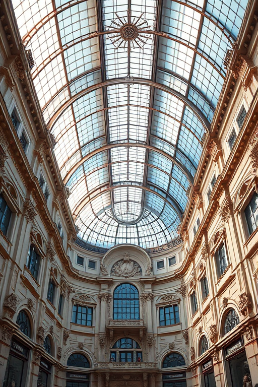Regenerate an image of an elegant architectural interior with a large glass ceiling, intricate sculptures and decorative details, captured with a Canon EOS R5, 24mm f/1.4 lens, aperture at f/4, ISO 100, shutter speed 1/125s, wide-angle view for enhanced depth and clarity.
