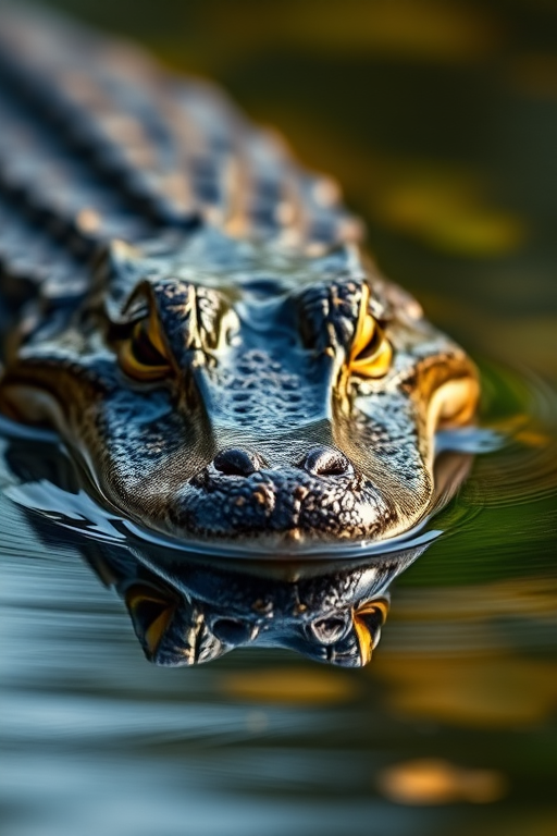Capture a close-up of a crocodile's head partially submerged in water, focus on reflections with a shallow depth of field, use a DSLR camera with a 50mm lens set to f/2.8, ISO 200, shutter speed 1/200, natural light with a soft background blur.