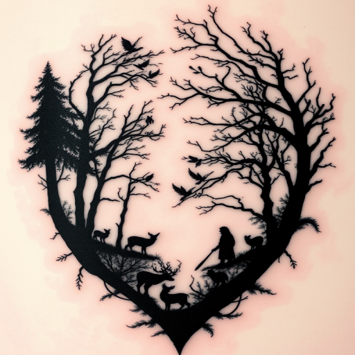 Mystical blackwork tattoo showcasing an enchanted forest scene with intricate silhouettes of trees and wildlife, negative space creating depth and dimension, mysterious and captivating dark aesthetic