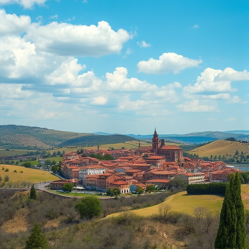 Capture a high-resolution landscape image of a historic town nestled in rolling hills under a clear blue sky with fluffy clouds, using a DSLR camera with a 24mm lens, aperture set to f/8, ISO 200, and a shutter speed of 1/100s for optimal detail and color saturation.