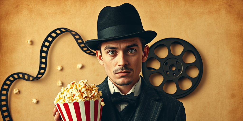 Create an image of a vintage film-themed poster featuring a classic silent film character wearing a bowler hat, surrounded by a film reel and popcorn, with a textured background resembling aged paper, captured with a DSLR camera at f/2.8, ISO 100, 50mm lens, in portrait mode, using soft natural lighting for a warm effect.