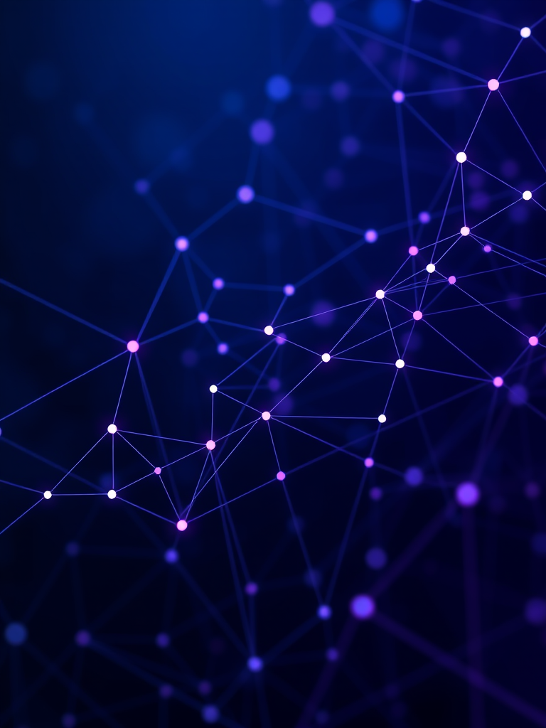 high-resolution abstract network design with connected lines and points in dark blue and purple tones, shot with a Canon EOS 5D Mark IV, aperture f/8, ISO 100, 35mm lens, medium depth of field, with soft focus and balanced lighting