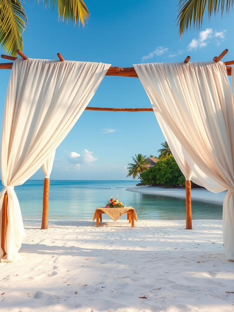 Create a picturesque tropical beach scene featuring a serene, white sandy shore. In the foreground, there's a rustic wooden canopy with white drapes gently flowing in the breeze. Underneath the canopy, a table is set with tropical decor, evoking a sense of relaxation and leisure. The beach extends into a calm, shallow water area with reflections of the sky and surroundings. Palm trees and lush greenery line the edge of the beach, providing a natural, tropical backdrop. The sky is clear with a few scattered clouds, and the overall atmosphere is tranquil and inviting, perfect for a peaceful retreat.
