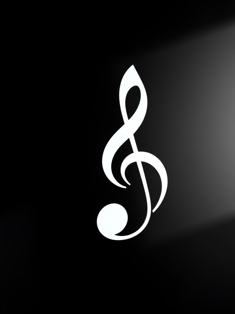 Create an image of a stylized white musical note design on a black background, captured with a Canon EOS 5D Mark IV, using a 50mm lens at f/1.8, with a focus on sharpness, high contrast, and vibrant details, in soft natural lighting.