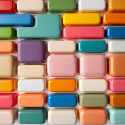Create a high-resolution image of various glossy horizontal buttons in multiple colors arranged in a grid pattern, using a Canon EOS R5 with an aperture of f/8, ISO 100, and a focal length of 50mm, shot from a top-down view with soft diffused lighting to enhance reflections and color vibrancy.