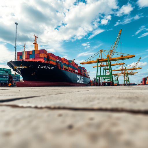 High-resolution photograph of a cargo ship docked at a port with cranes in the background, captured with a DSLR camera at f/8, ISO 200, 1/250s, 24mm focal length, low angle view for emphasis on the ship and cranes, vibrant colors and sharp details.