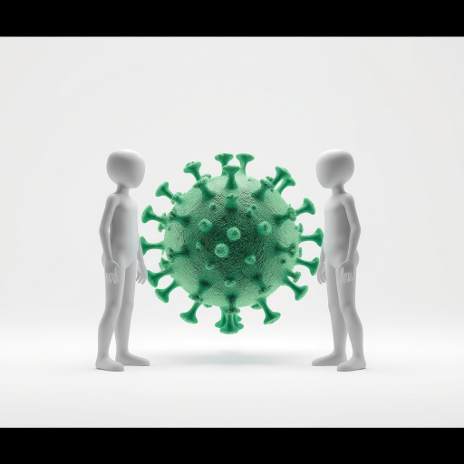 Create an illustration of two abstract figures standing 2 meters apart on either side of a large green virus model, with a focus on the virus's details, using a Canon EOS R5 camera, 50mm lens, f/8 aperture, 1/200 sec shutter speed, ISO 100, in a well-lit studio setting with a white background for enhanced clarity and contrast.