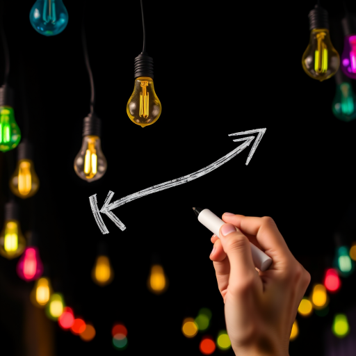 Create an image of a hand drawing an arrow with a marker on a dark background, surrounded by hanging colorful light bulbs, using a DSLR camera with a 50mm lens, aperture set to f/2.8, ISO 200, and a shutter speed of 1/200s for a shallow depth of field and vibrant colors.