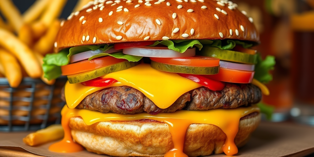 High-resolution, close-up image of a gourmet double cheeseburger. The burger features a glossy, sesame-seed-topped brioche bun. Inside, there are two thick, juicy beef patties, each topped with melted cheddar cheese. The burger is garnished with fresh lettuce, tomato slices, diced onions, and pickles. A generous amount of ketchup and a creamy, orange-colored sauce is dripping down the sides, adding to the mouth-watering appeal. In the background, there are blurred elements including a side of golden French fries and a hint of a beverage, enhancing the overall presentation of a delicious meal.