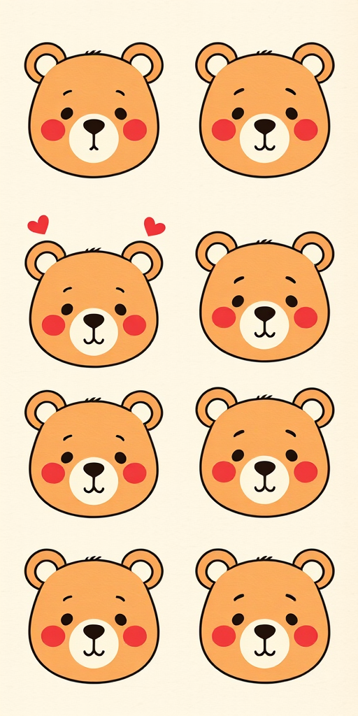 Create a grid of nine cute bear faces with different expressions including happy, sad, surprised, and playful. Use simple line art with a playful and colorful style, soft pastel colors, and a textured background that resembles handmade paper. Each bear should have distinctive features like hearts, tears, or sweat drops to convey various emotions.