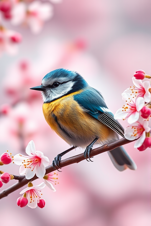 Create a highly detailed illustration of a blue tit bird perched on a branch with cherry blossoms, using a shallow depth of field, soft lighting, and vibrant colors, captured with a Canon EOS R5, 85mm lens, f/1.8 aperture, and ISO 100 to enhance image quality.