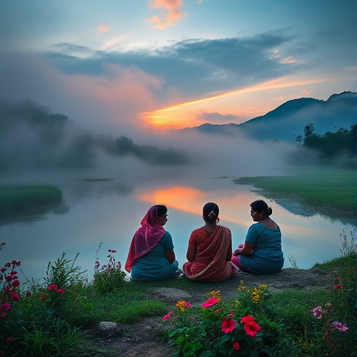 Capture a scenic dusk landscape of four women sitting in traditional attire on a serene riverbank with mist swirling around, surrounded by lush greenery and vibrant flowers, using a Canon EOS R5 with a 50mm f/1.2 lens, at f/2.8, ISO 200, 1/100 sec, with a shallow depth of field for a soft focus background.