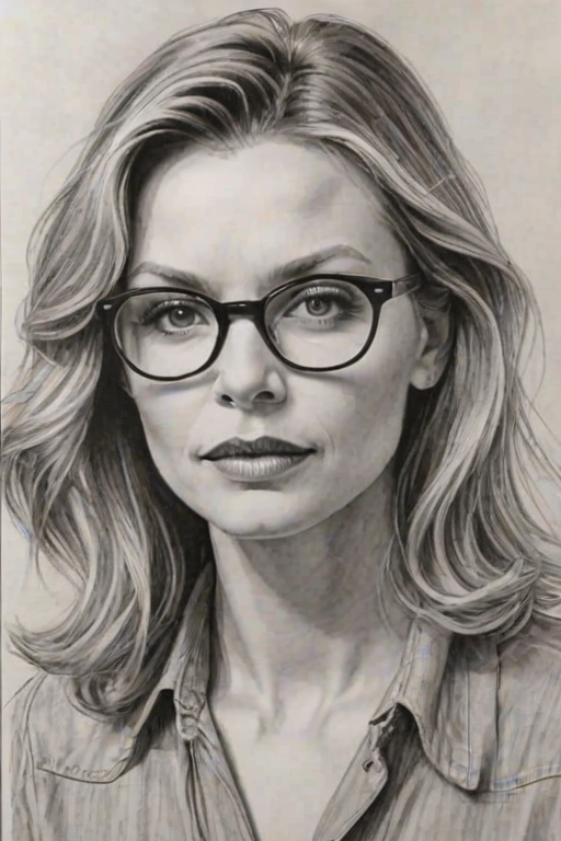 Exquisite Michelle Pfeiffer, pencil sketch, portrait of Fetching woman 1944s in glasses, hair style beatnik, outline, clear lines, fine lines, 8k