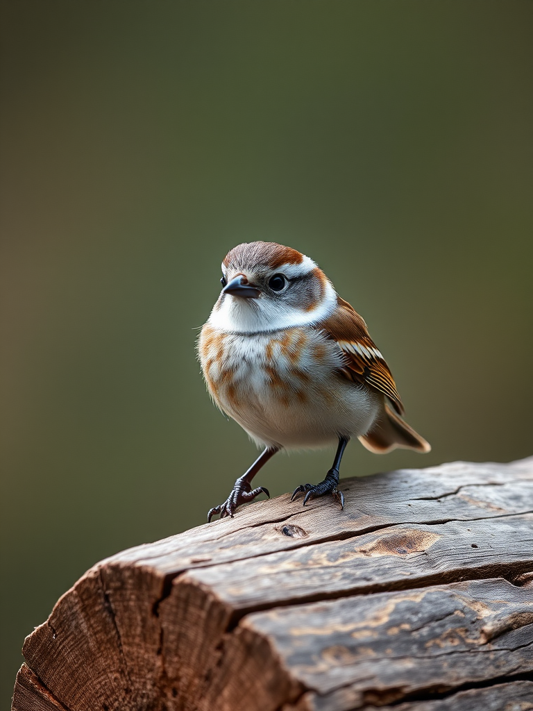 generate an image of a small bird perched on a wooden log with a blurred background, featuring brown and white streaked feathers and a slightly rounded body