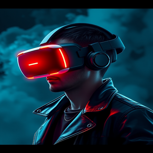 Create a highly detailed digital illustration of a figure wearing a futuristic VR headset with a glowing red display, dressed in a black leather jacket, set against a smoky blue background, captured with a DSLR camera at f/2.8 aperture, ISO 100, 45mm focal length, with a shallow depth of field to emphasize the figure and create a cinematic feel.
