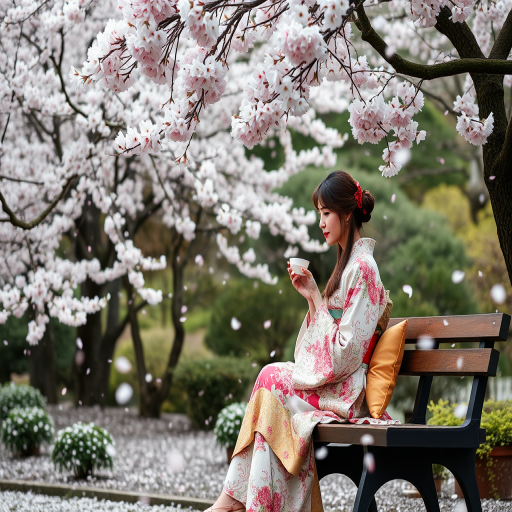 Peaceful garden filled with cherry blossoms, petals falling like snow, a woman in a kimono sits on a wooden bench, sipping tea, the gentle breeze carrying the scent of flowers.