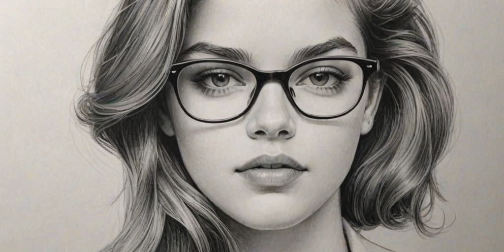 Captivating Barbara Palvin, pencil sketch, portrait of Appealing woman 1940s in glasses, hair style beatnik, outline, clear lines, fine lines, 8k