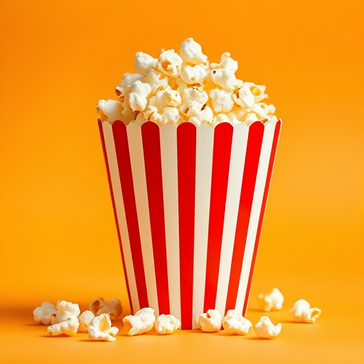 Create a high-resolution image of a striped popcorn box filled with popcorn on a solid orange background using a Canon EOS 5D Mark IV with a 50mm lens, aperture f/2.8, ISO 100, and a wide-angle view for enhanced detail and clarity.