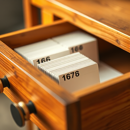 photograph of a wooden drawer partially open showcasing neatly organized index cards with labeled tabs 166, 167, 168, and 169, focus on depth of field, shot with a Canon EOS 5D Mark IV at f/2.8, ISO 100, 50mm lens, natural lighting for a warm atmosphere