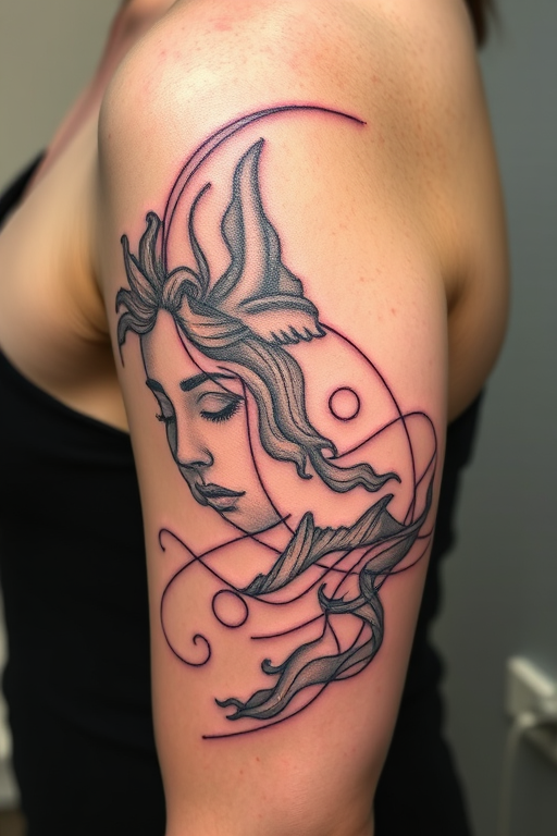 Continuous line tattoo named "Fluid Motion" depicting a complex scene or portrait using a single, unbroken line that weaves and loops to create depth and form, recognized for its minimalist yet expressive style