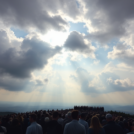 crowd of people standing on a hill under a dramatic sky with clouds and light breaking through, wide angle view, f/11 aperture, ISO 100, 24mm lens, DSLR camera, high dynamic range imaging