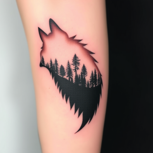Negative space tattoo "Ethereal Silhouette" utilizing the skin's natural tone to create a subtle yet striking image of a forest landscape within the outline of a wolf's profile