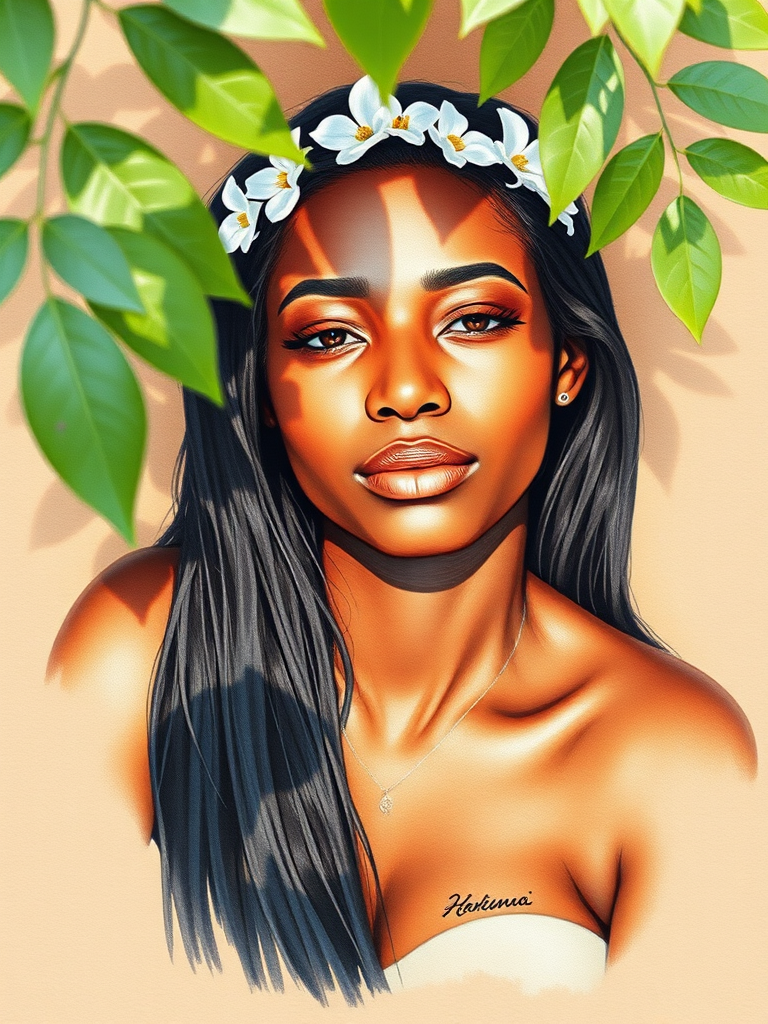 create a watercolor painting of an ethereal portrait of beautiful Garifuna woman with a simple white flower crown on her head. Her hair is long and she is lying on the ground. The sunlight on the trees casts shadows from the leaves on her face and body. The background is a neutral brown color that matches her skin tone. The image is minimalist and solid colors. This style is characterized by soft, delicate brushstrokes and a light, airy, contrasting color palette. High level of detail and play of light