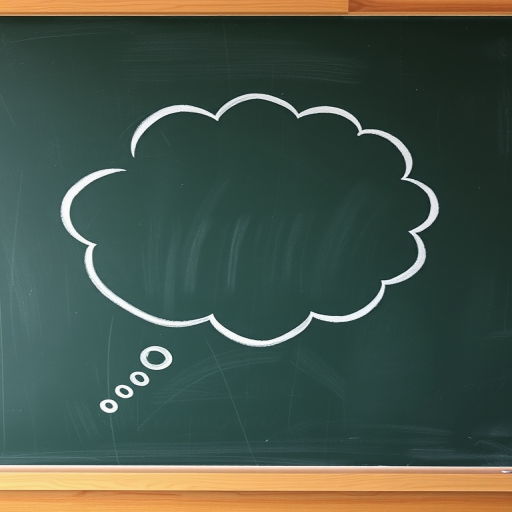 A chalkboard with a large blank thought bubble sketched in white, overhead shot, DSLR camera, aperture f/4, shutter speed 1/100s, ISO 200, natural lighting, focus on bubble, textured surface detail.