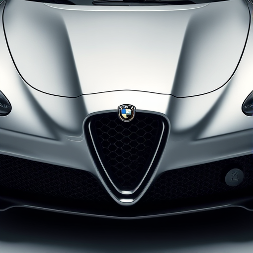 Create a hyper-realistic image of a sleek silver luxury car with a distinctive black grille, front view, high dynamic range, aperture f/2.8, ISO 100, shutter speed 1/200s, 35mm lens, using a Canon EOS R5, studio lighting for enhanced reflections and details.