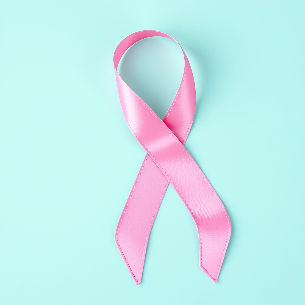 Create an image of a pink awareness ribbon on a soft teal background with a high-resolution DSLR camera, using a 50mm f/1.8 lens, aperture set at f/2.8, shutter speed 1/100 sec, and ISO 200 for enhanced clarity and color vibrance.