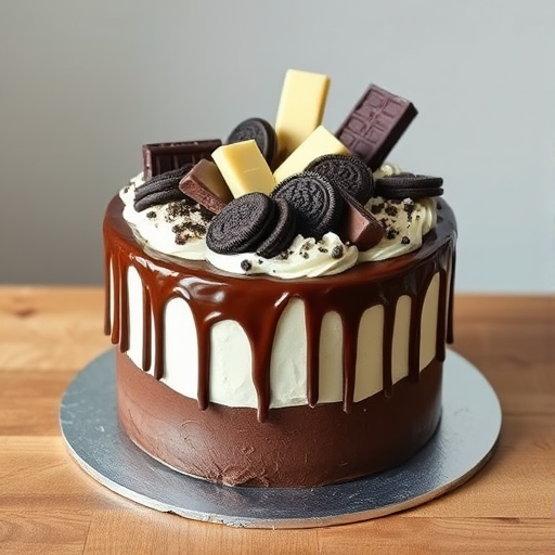 Create an image of a chocolate cake decorated with various chocolate bars and cookies on top the cake should have a smooth white frosting with chocolate ganache dripping down the sides include pieces of Hershey bars Oreo cookies and white chocolate bars scattered on top the cake should be displayed on a silver cake board and placed on a wooden table with a simple background