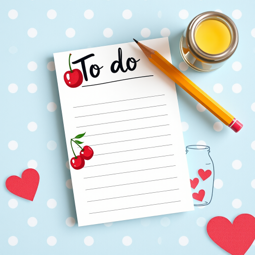 design a colorful to-do list notepad with a light blue polka dot background, illustrations of cherries, a pencil, and a jar with hearts, using a top-down view, DSLR camera, f/2.8 aperture, ISO 100, 50mm lens to ensure sharp details and vibrant colors.