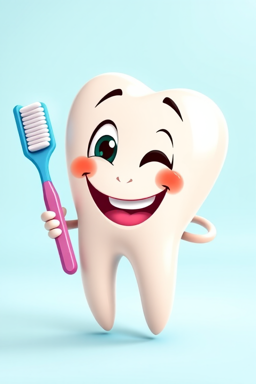 Create a cartoon image of a smiling tooth character holding a toothbrush with a playful expression, using a vibrant color palette, photographed with a Canon EOS 5D Mark IV, 50mm lens, f/2.8 aperture, 1/200 shutter speed, and a bright, soft-focus background to enhance the tooth's features.