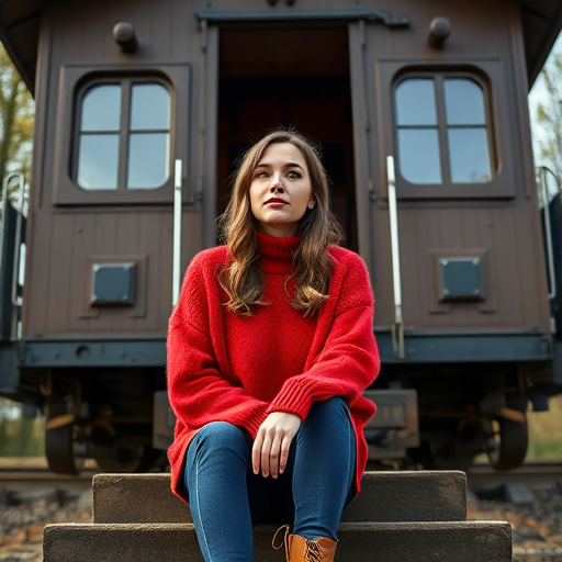 A young woman sitting on steps in a cozy red sweater, posing thoughtfully in front of a vintage train cabin, captured with a 50mm lens at f/1.8, ISO 200, 1/200 sec, using a Canon EOS R5, soft natural light, slight vignette for depth.