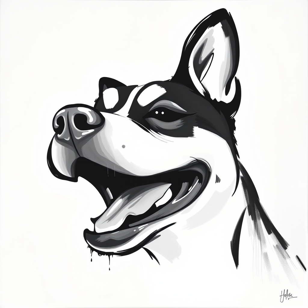 Abstract black and white acrylic portrait of an over exaggerated laughing (dog). Minimalism style. White background.